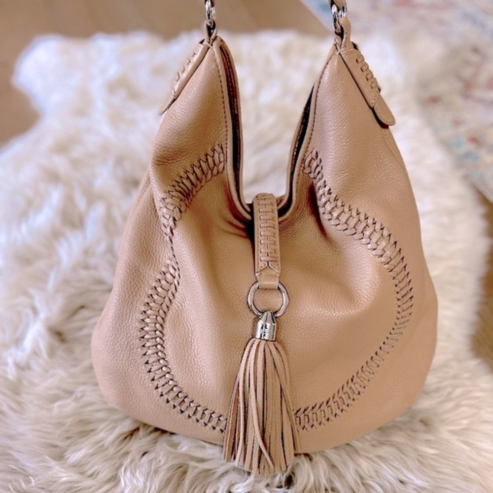 Lauren Ralph Lauren “Indian Cove” Leather Hobo Bag in Sandstorm Beige Leather